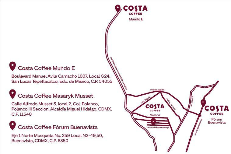 Mapa con la ubicación de las sucursales Costa Coffee: Mundo E, Masaryk Musset y Fórum Buenavista
